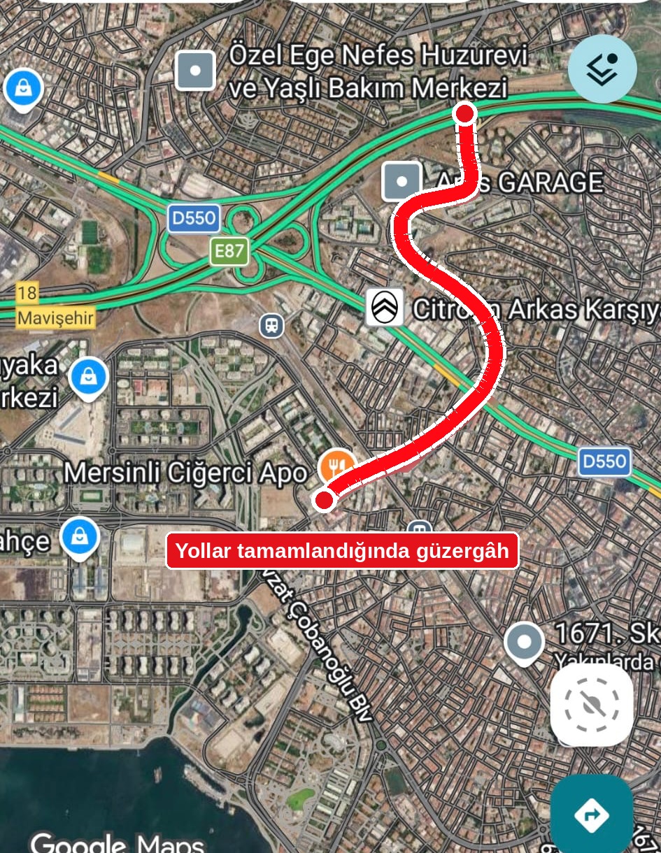 Yollar tamamlandığında Karşıyaka'dan otoyola uzanacak güzergâhın haritada gösterimi